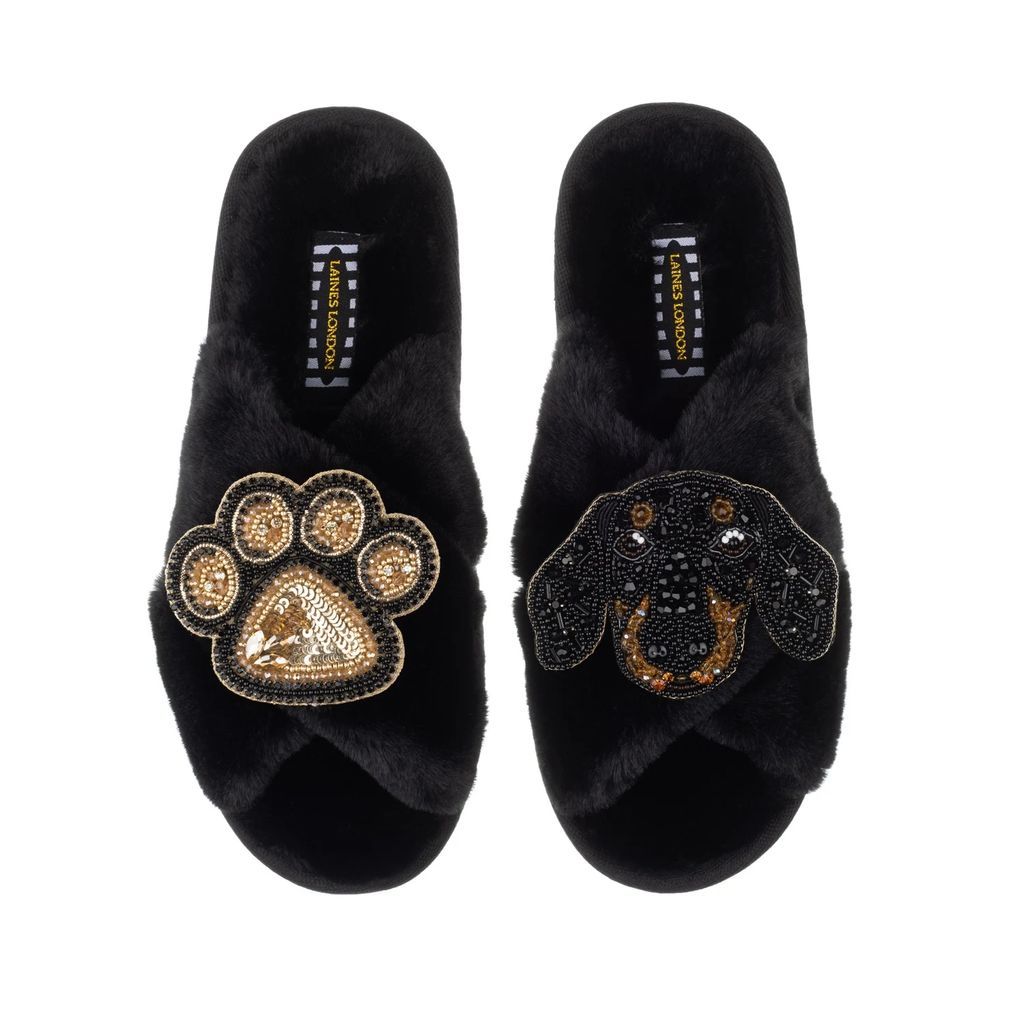 LAINES LONDON - Classic Laines Slippers With Artisan Little Sausage & Paw Brooches - Black