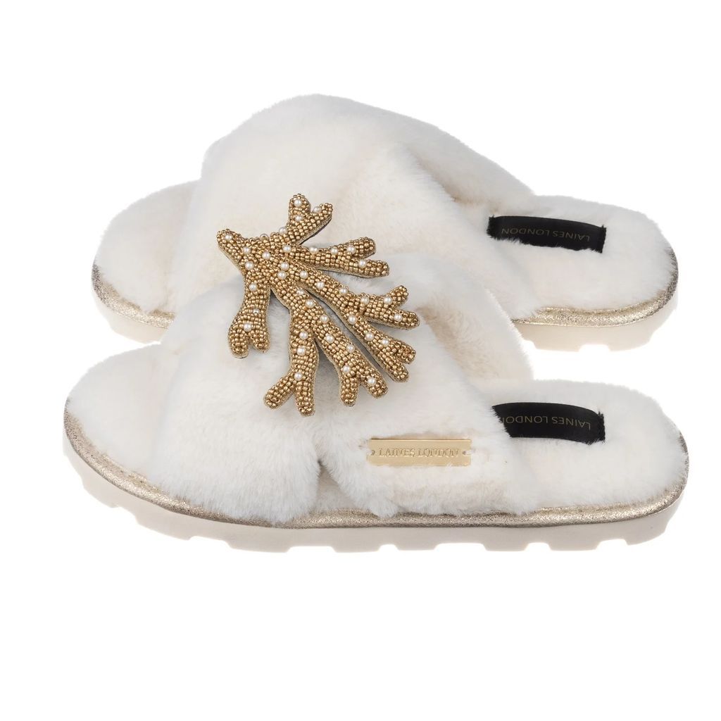 LAINES LONDON - Ultralight Chic Slipper Sliders With Artisan Gold Coral - Cream