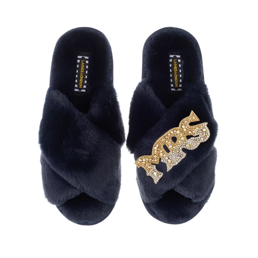 LAINES LONDON - Classic Laines Slippers With Gold & Silver Mrs Brooch - Navy