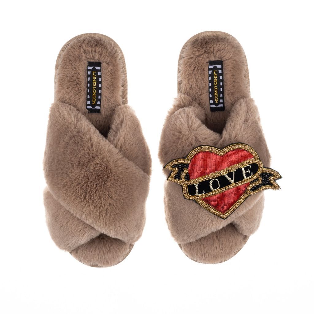 LAINES LONDON - Classic Laines Slippers With Deluxe Red Heart Tattoo Brooch - Toffee