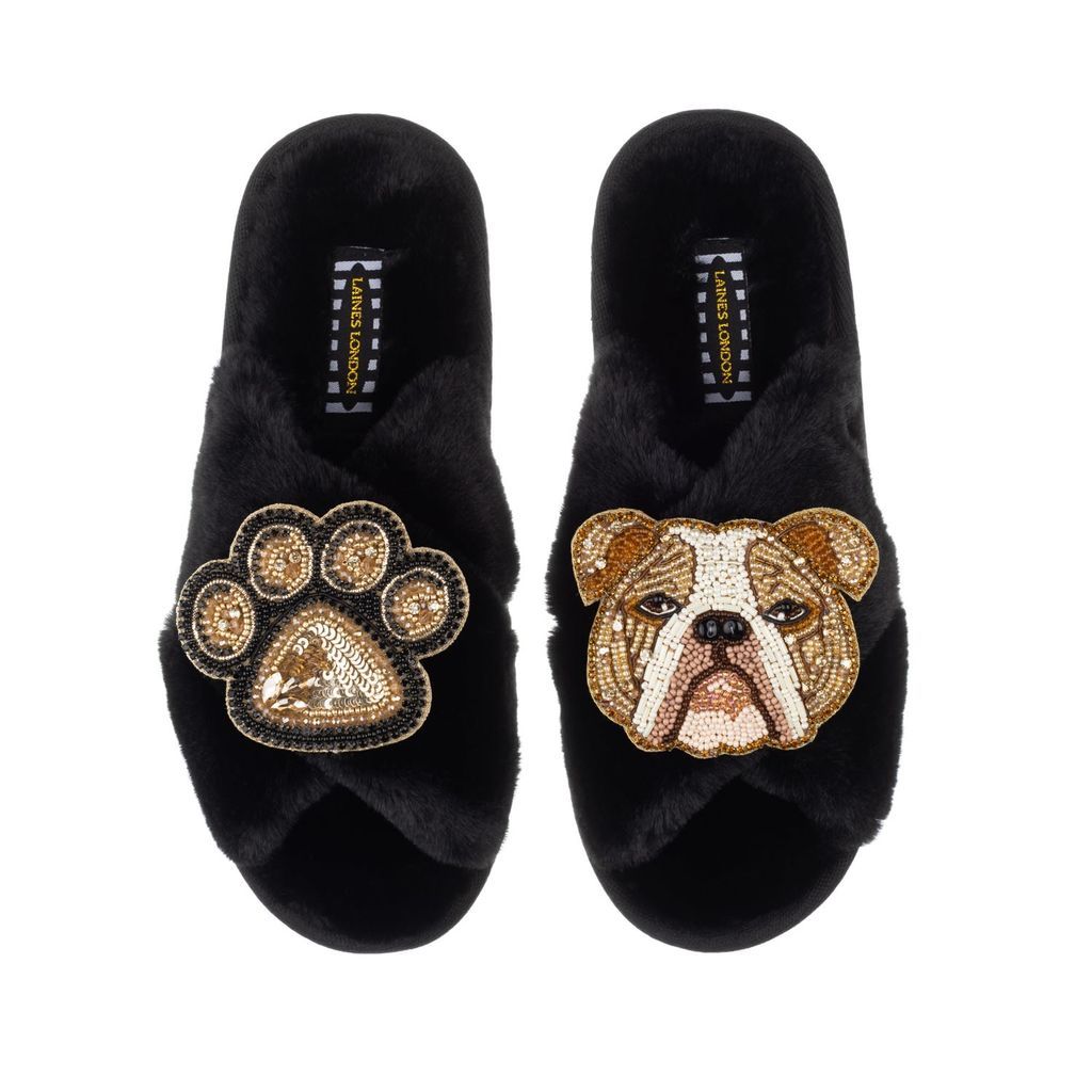Women's Classic Laines Slippers With Mr Beefy Bulldog & Paw Brooches - Black Small LAINES LONDON