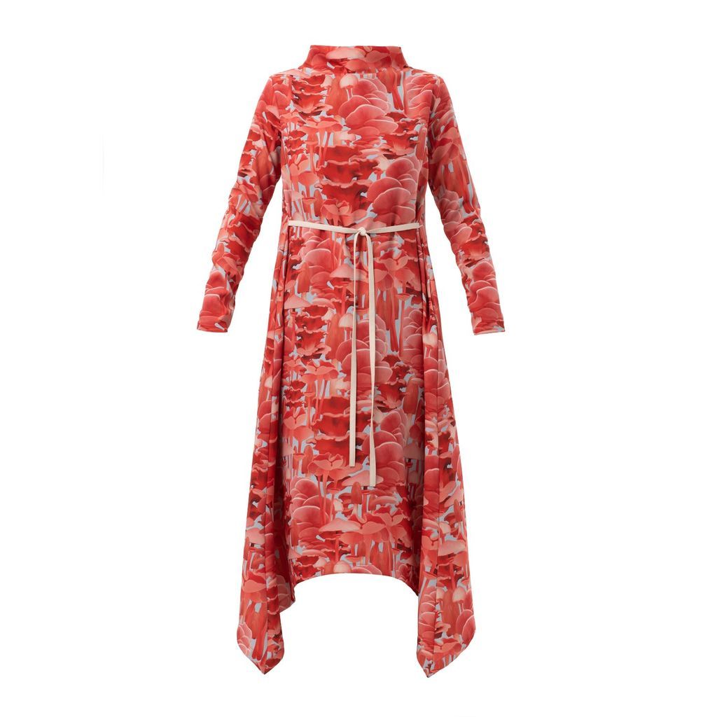 Women's Pale Red Mushroom Print Midi Dress With Belt Extra Small Julia Allert