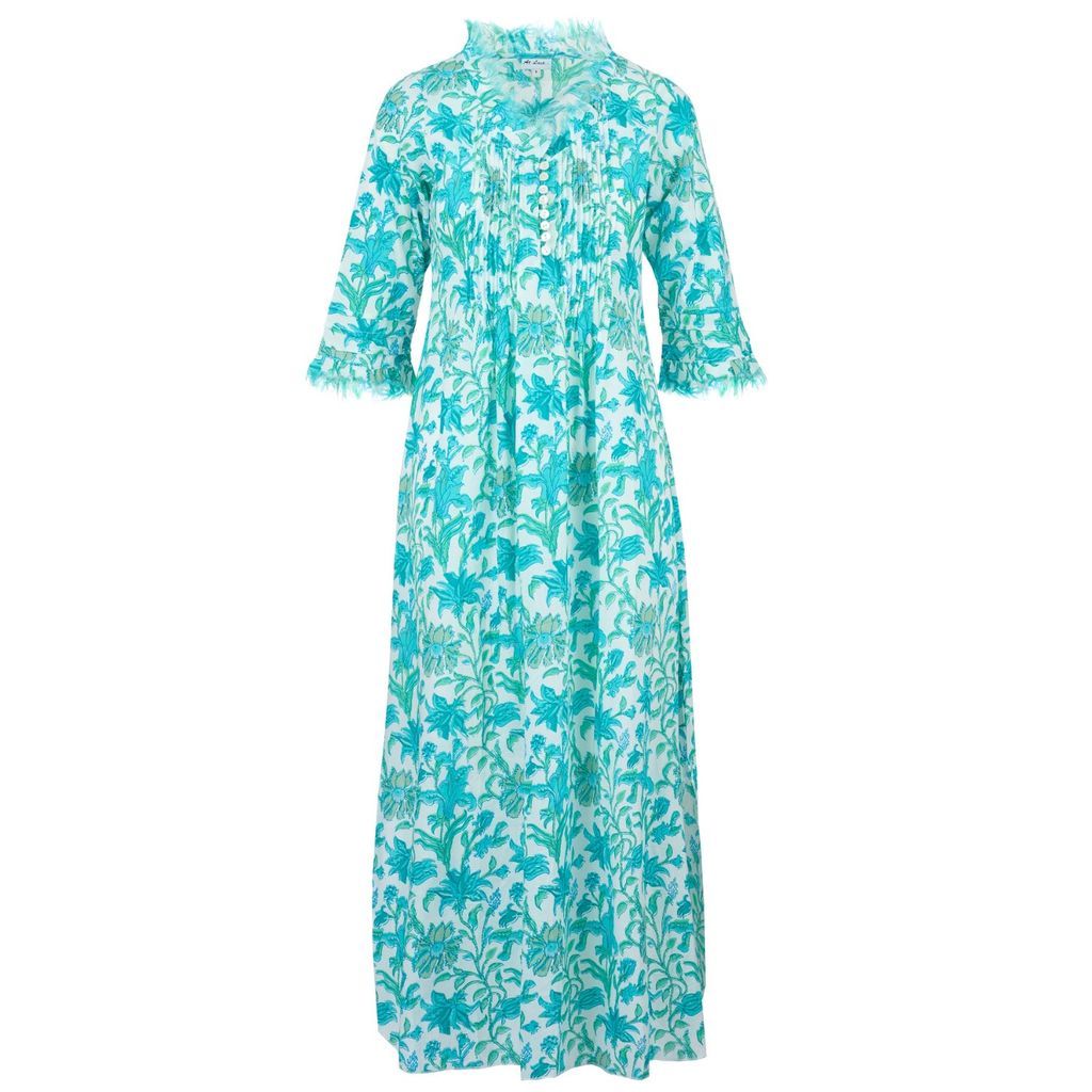 Women's Blue Cotton Annabel Maxi Dress In White With Turquoise Flower Extra Small At Last...