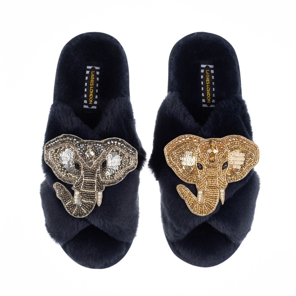 Women's Blue Classic Laines Slippers With Artisan Gold & Silver Elephant Brooches - Navy Small LAINES LONDON