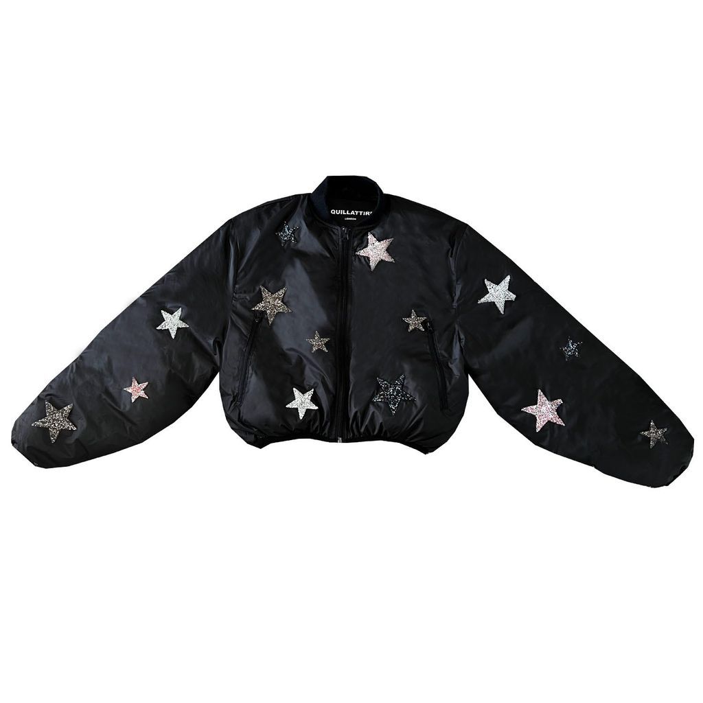 Women's Black Puffa Jacket With Embellished Stars Small Quillattire