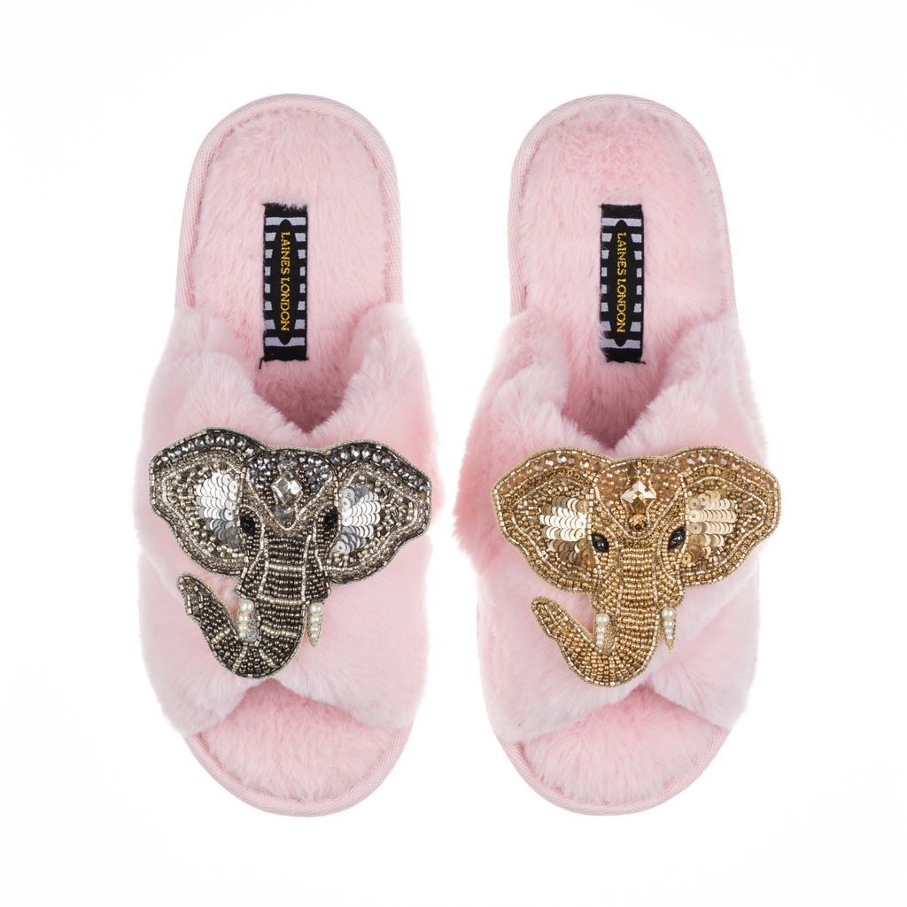 Women's Pink / Purple Classic Laines Slippers With Artisan Gold & Silver Elephant Brooches - Pink Small LAINES LONDON