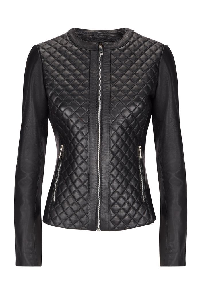 Women's Black Round Neck Leather Jacket With Zip Pockets Extra Small James Lakeland