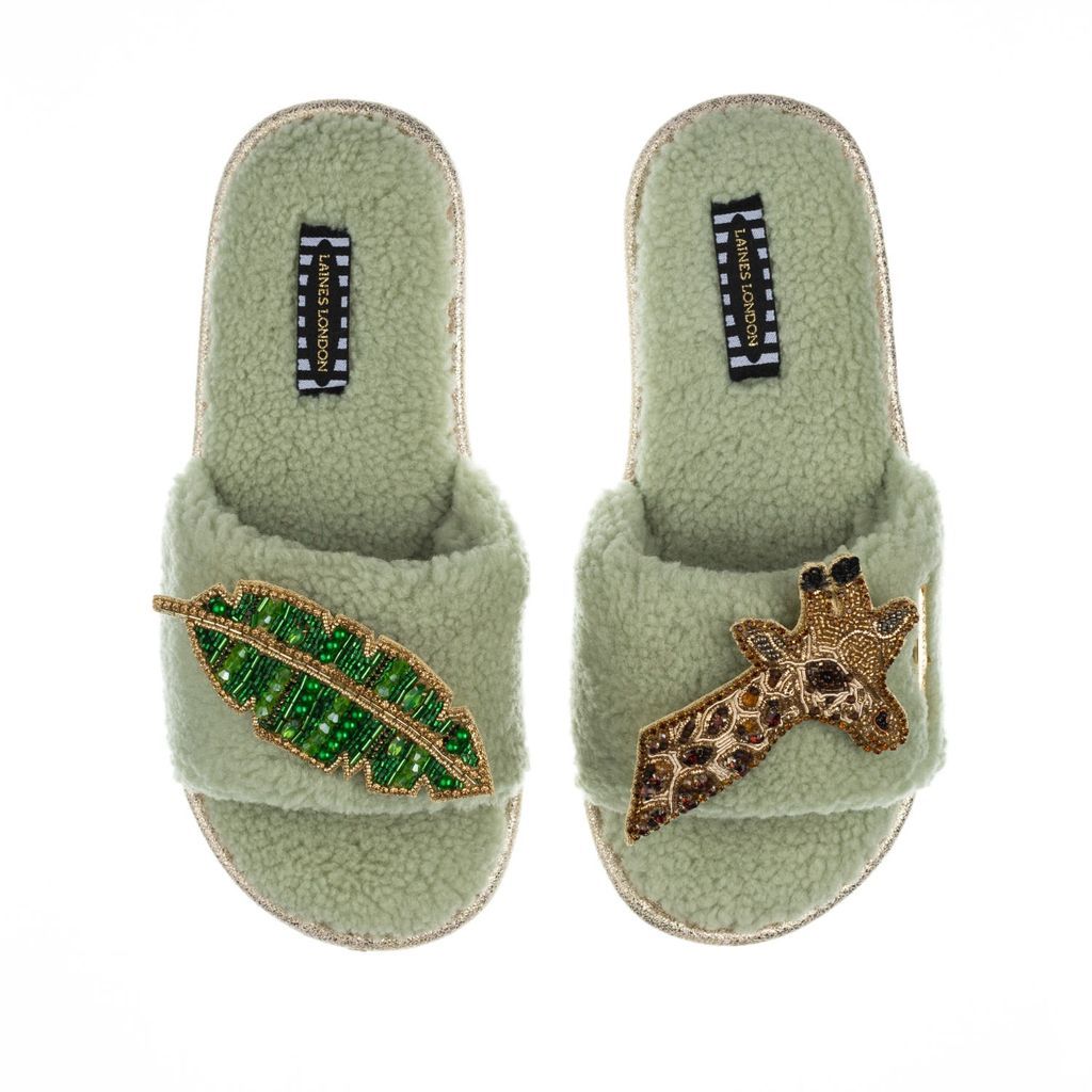Women's Green Teddy Towelling Slipper Sliders With Gold Giraffe & Leaf Brooches - Sage Small LAINES LONDON