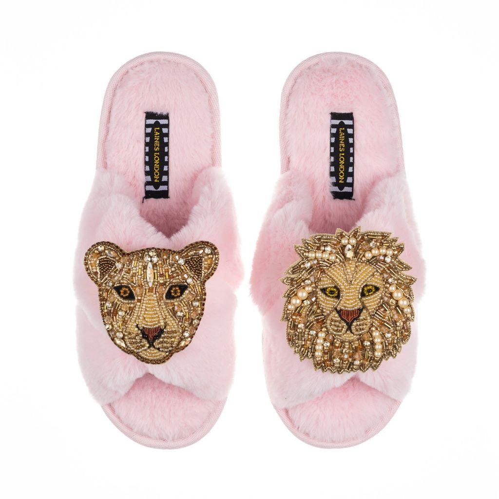Women's Pink / Purple Classic Laines Slippers With Artisan Golden Lion & Lioness Brooches - Pink Small LAINES LONDON