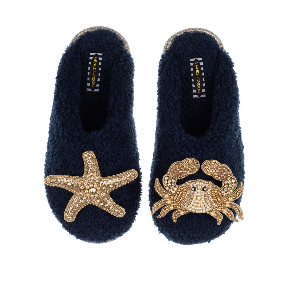 Women's Blue Teddy Towelling Closed Toe Slippers With Gold Crab & Starfish Brooches - Navy Small LAINES LONDON