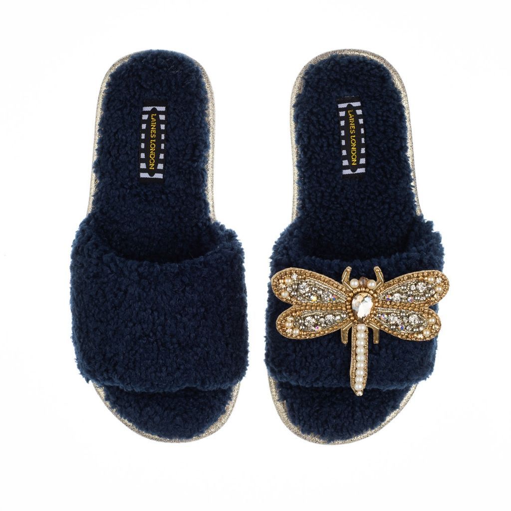 Women's Blue Teddy Towelling Slipper Sliders With Artisan Gold, Silver & Pearl Dragonfly Brooch - Navy Small LAINES LONDON