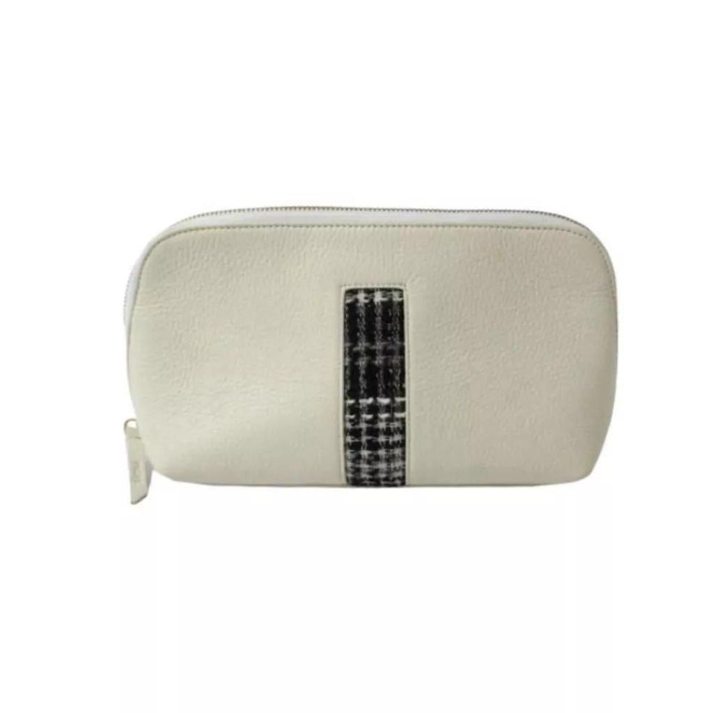 Women's Black / White Sustainable Leather Pouch - White Leather With White And Black Check Pattern KAPDAA - The Offcut Company