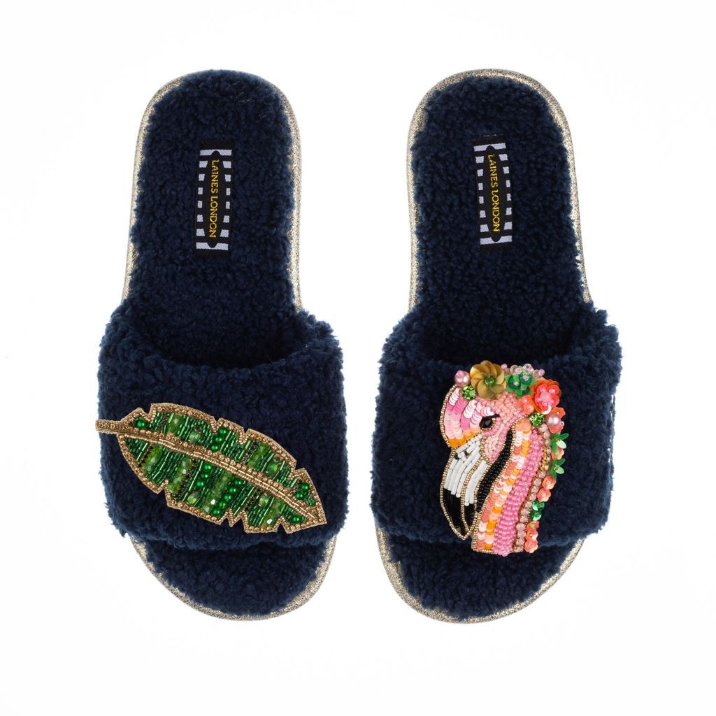 Women's Blue Teddy Towelling Slipper Sliders With Artisan Rosa Flamingo & Banana Leaf Brooches - Navy Small LAINES LONDON