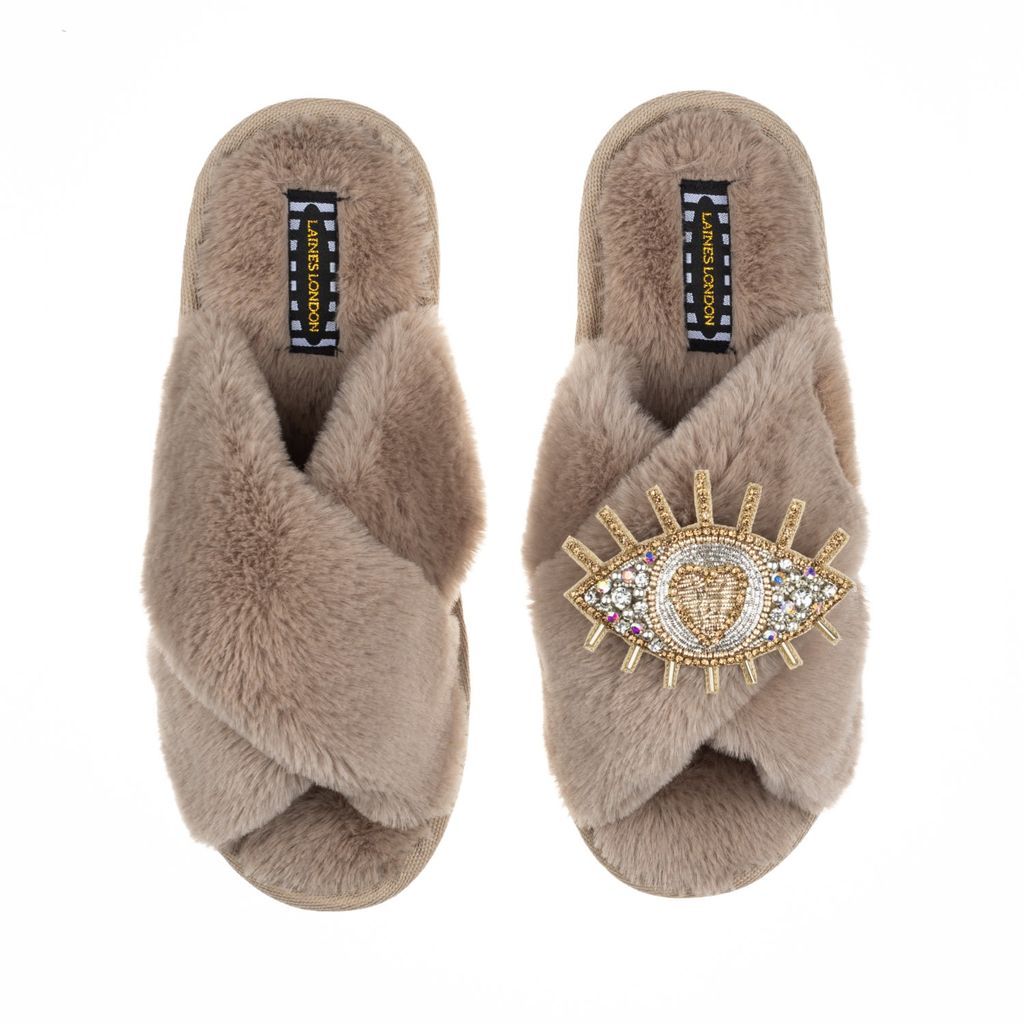 Women's Brown Classic Laines Slippers With Artisan Gold & Silver Eye Brooch - Toffee Large LAINES LONDON