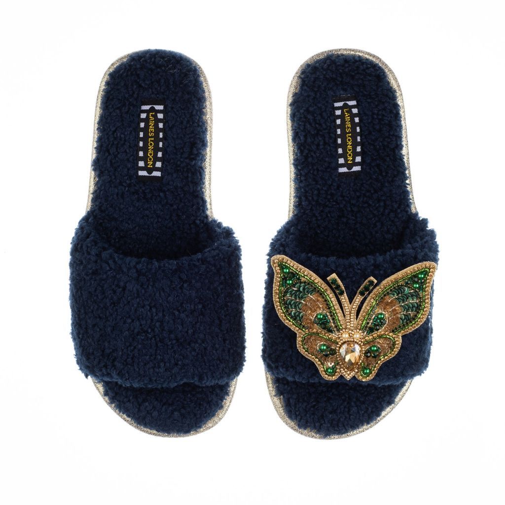 Women's Blue Teddy Towelling Slipper / Sliders With Gold & Green Butterfly Brooch - Navy Small LAINES LONDON