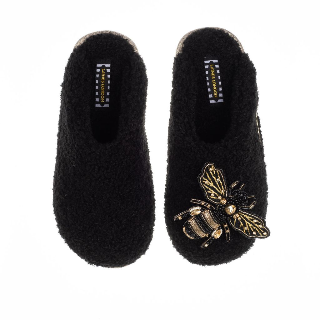 Women's Teddy Towelling Closed Toe Slippers With Artisan Golden Honeybee - Black Small LAINES LONDON