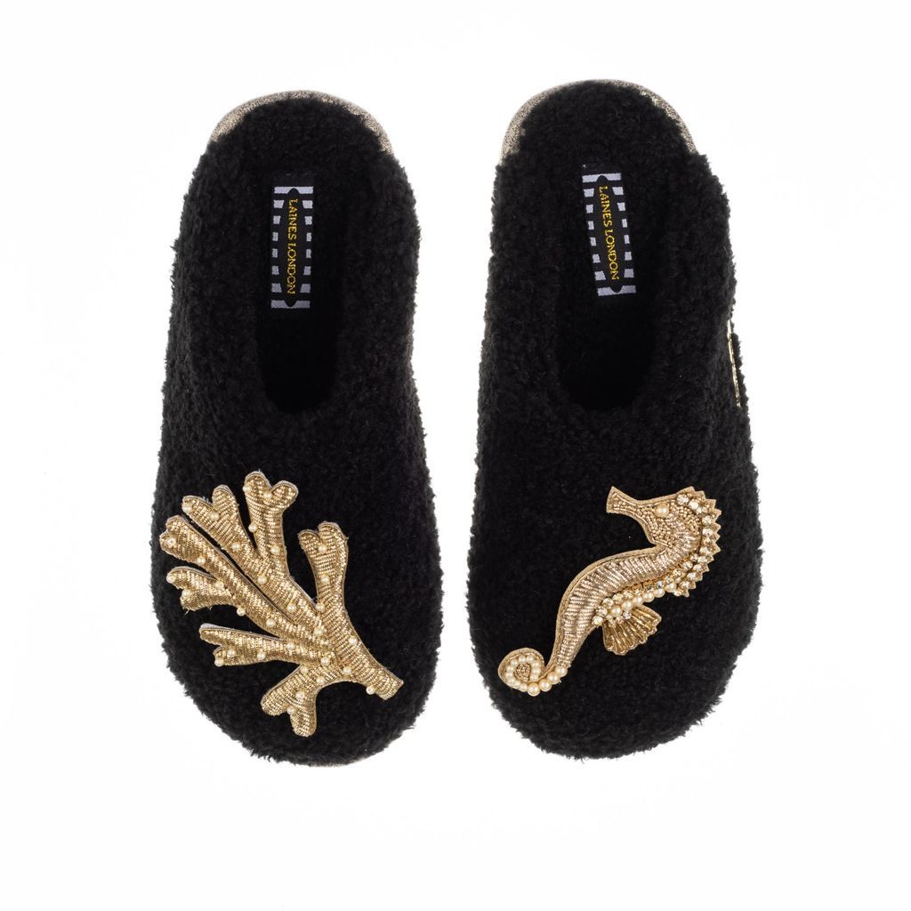 Women's Teddy Towelling Closed Toe Slippers With Gold Seahorse & Coral Brooches - Black Small LAINES LONDON