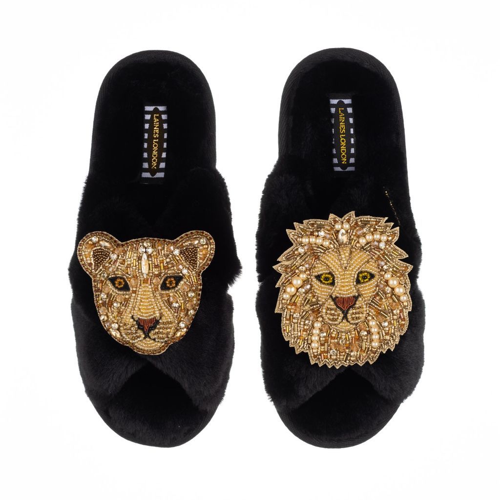 Women's Classic Laines Slippers With Artisan Golden Lion & Lioness Brooches - Black Small LAINES LONDON