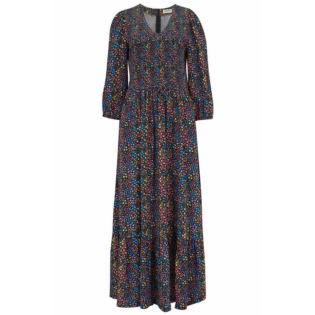 Women's Magdalene Midi Shirred V-Neck Dress - Black/ Multi Ditsy Floral Extra Small Sugarhill Brighton