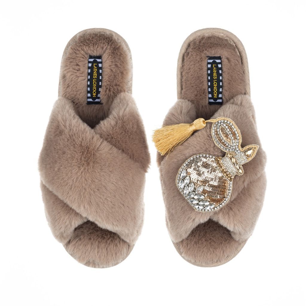 Women's Brown Classic Laines Slippers With Artisan Glam Perfume Bottle Brooch - Toffee Large LAINES LONDON
