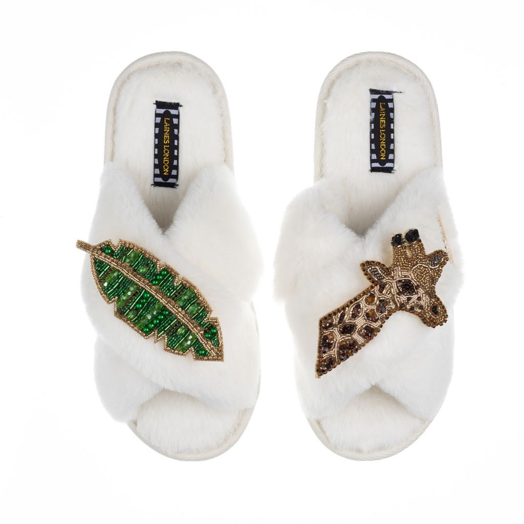Women's White Classic Laines Slippers With Artisan Gold Giraffe & Leaf Brooches - Cream Small LAINES LONDON