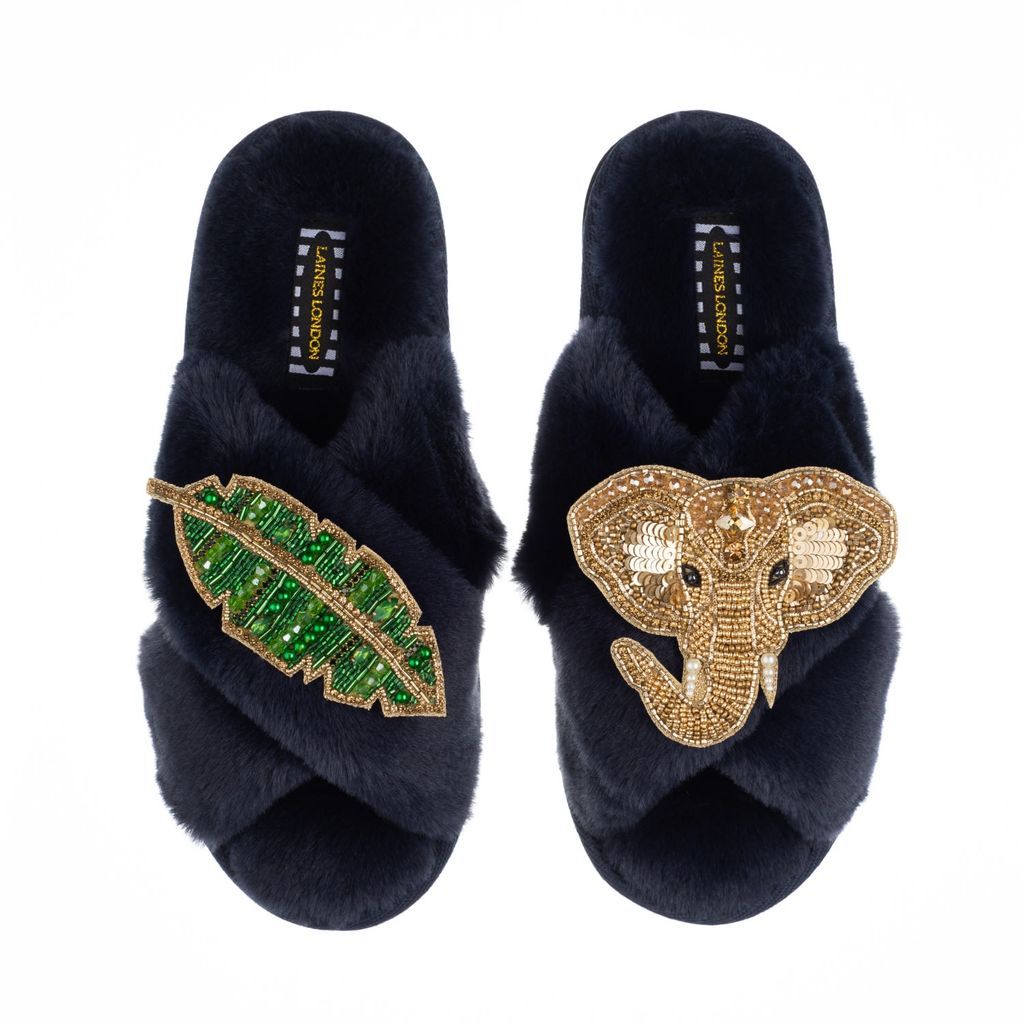 Women's Blue Classic Laines Slippers With Artisan Golden Elephant & Leaf Brooches - Navy Small LAINES LONDON