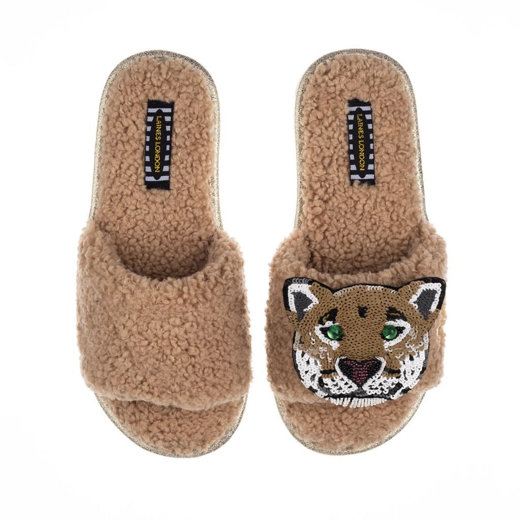 Women's Brown Teddy Towelling Slipper Sliders With Deluxe Artisan Leopard Head Brooch - Toffee Small LAINES LONDON