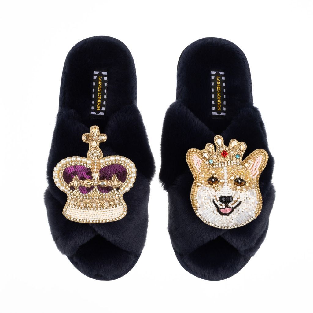 Women's Blue Classic Laines Slippers With Artisan Sandy The Corgi & Royal Crown Brooches - Navy Small LAINES LONDON
