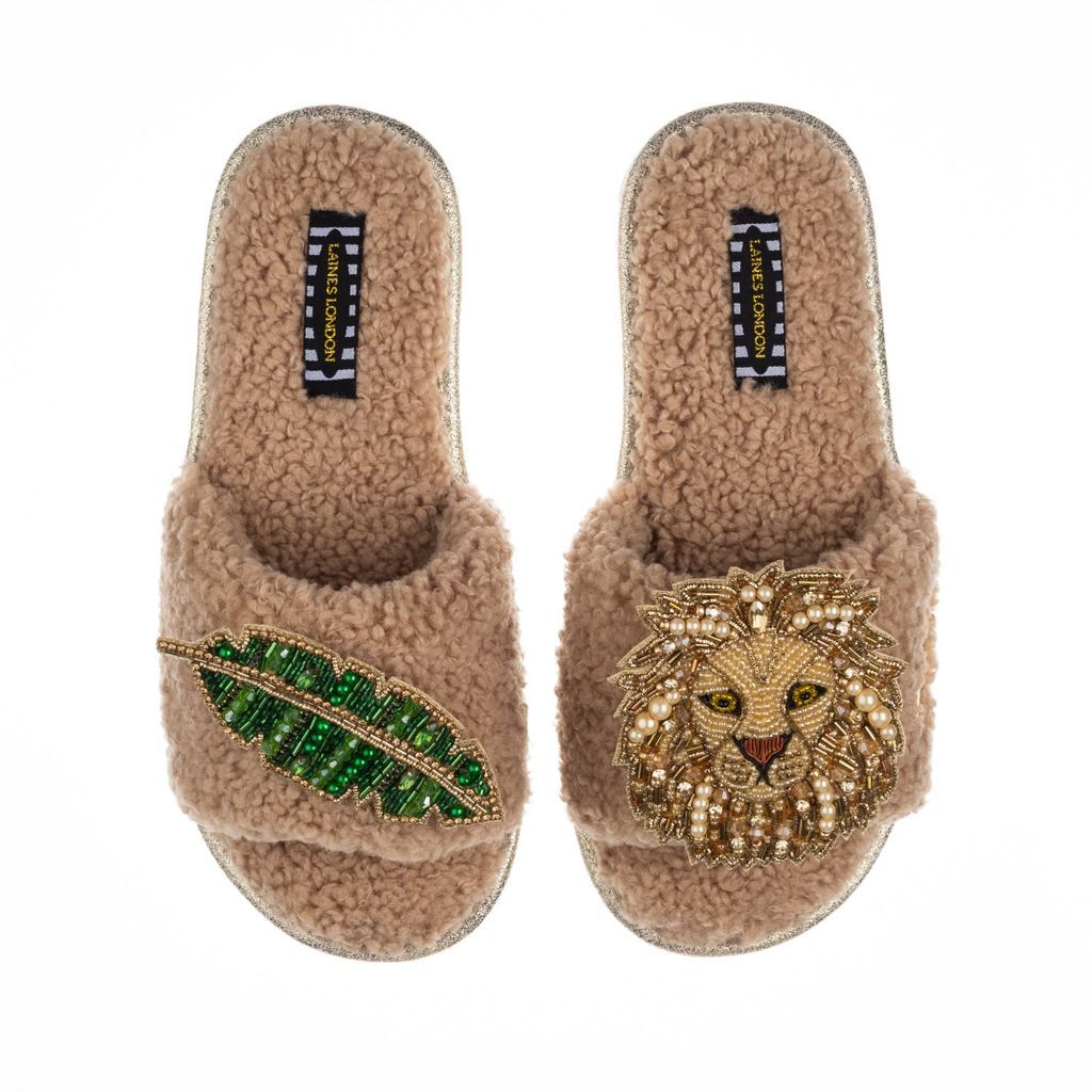 Women's Brown Teddy Towelling Slipper Sliders With Golden Lion & Leaf Brooches - Toffee Small LAINES LONDON