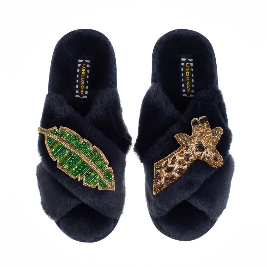 Women's Blue Classic Laines Slippers With Artisan Gold Giraffe & Leaf Brooches - Navy Small LAINES LONDON