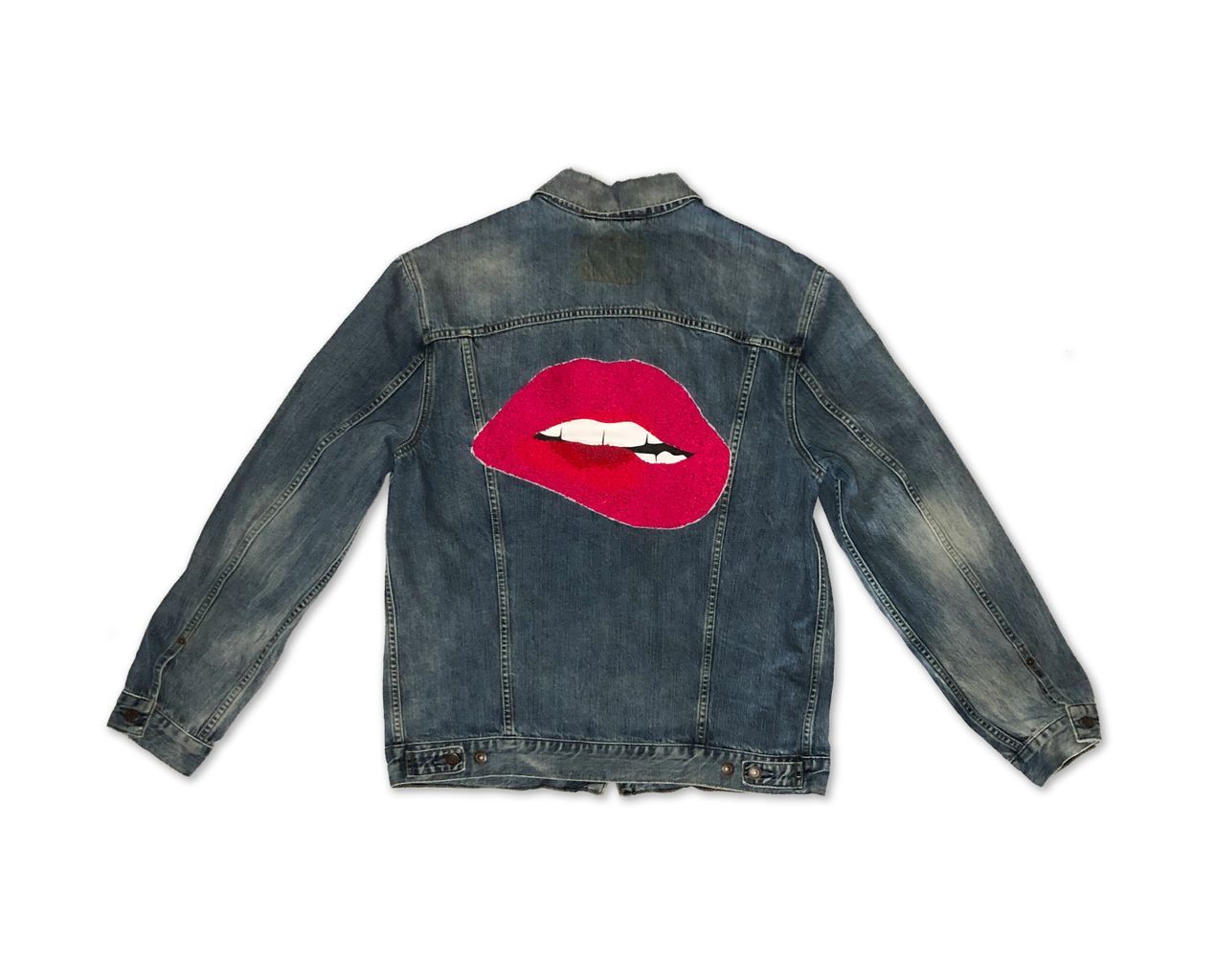 Women's Blue Bold Lips Vintage Hand Embroidered Levis Jacket Xl One Size Wild Lady Lils