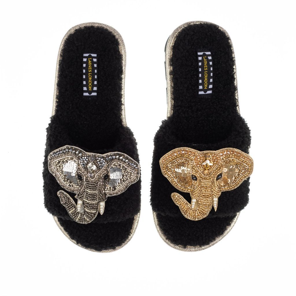 Women's Teddy Towelling Slipper Sliders With Gold & Silver Brooches - Black Small LAINES LONDON