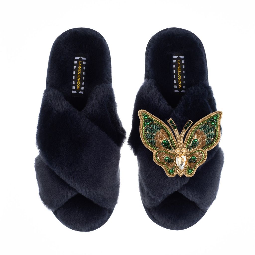 Women's Blue Classic Laines Slippers With Artisan Gold & Green Butterfly Brooch - Navy Small LAINES LONDON