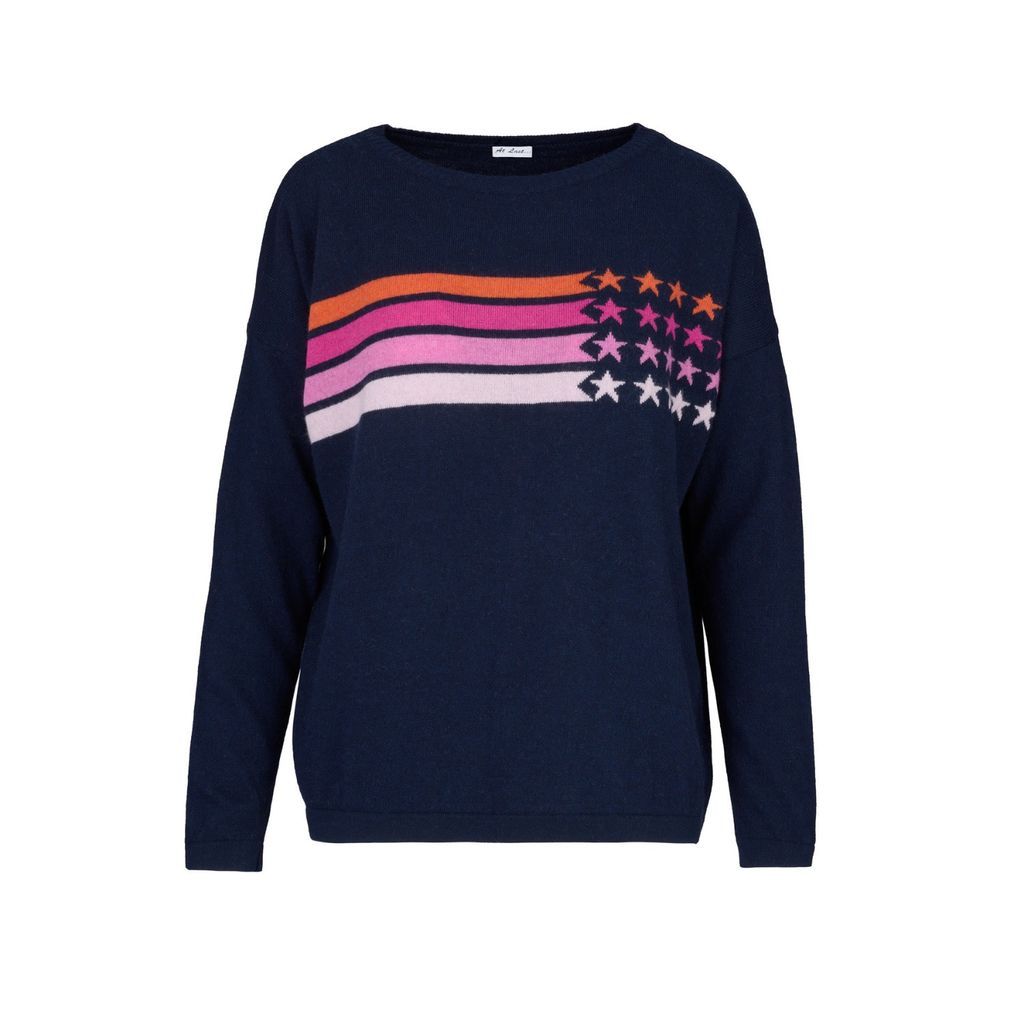 Women's Blue Cashmere Mix Sweater In Navy Stripe & Star One Size At Last...