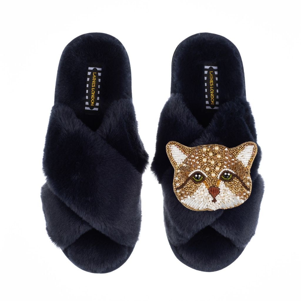 Women's Blue Classic Laines Slippers With Artisan Tom Cat Brooch - Navy Small LAINES LONDON