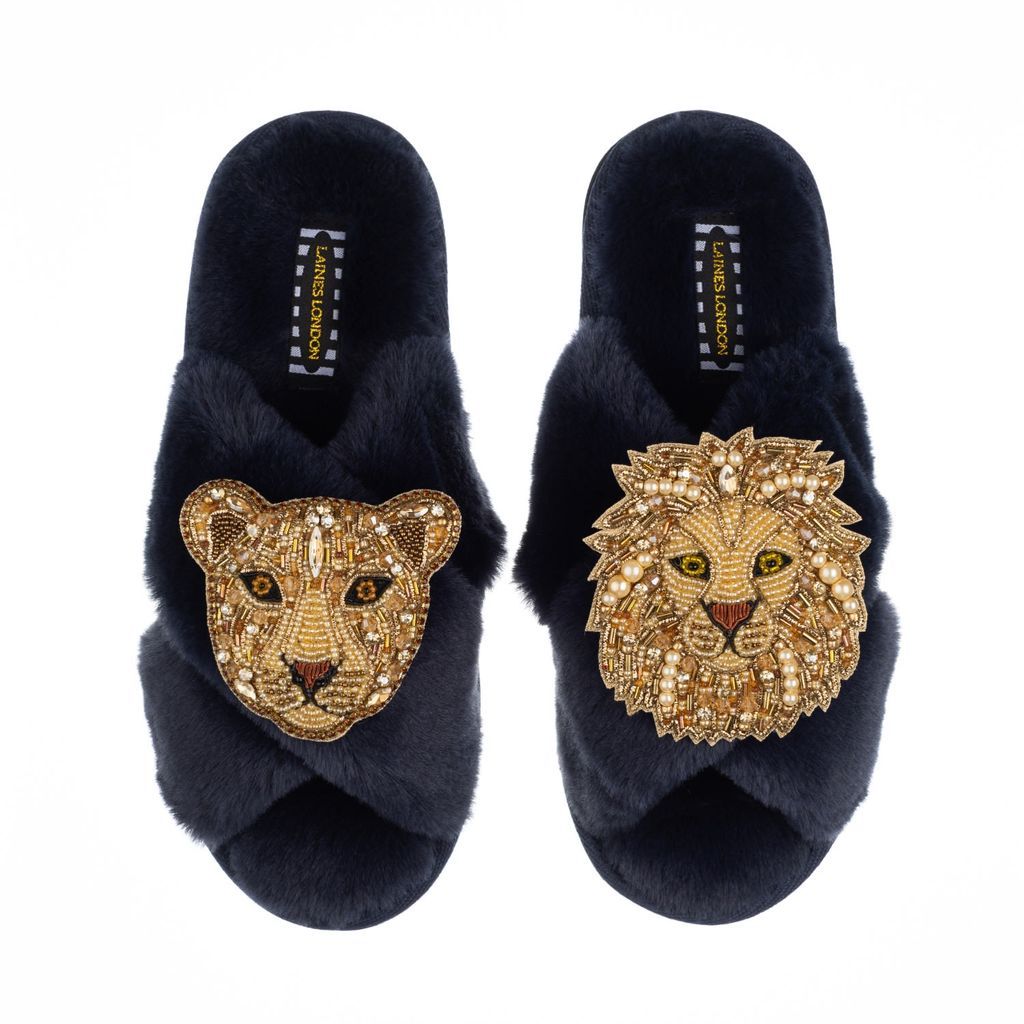 Women's Blue Classic Laines Slippers With Artisan Golden Lion & Lioness Brooches - Navy Small LAINES LONDON