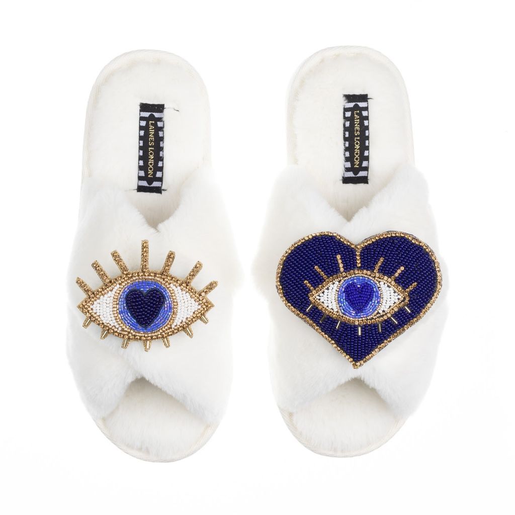 Women's White Classic Laines Slippers With Artisan Double Blue Eye Brooches - Cream Small LAINES LONDON