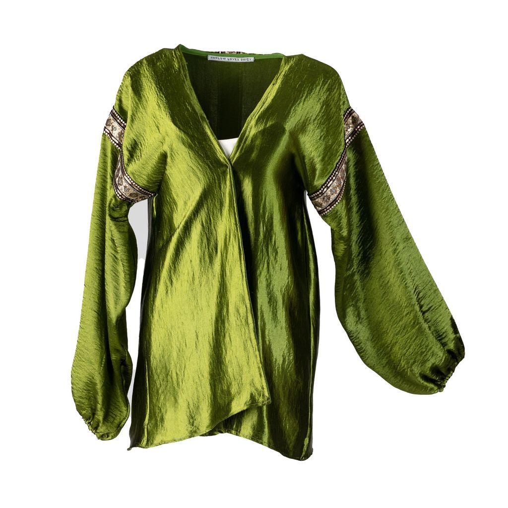 Women's Gold / Green Sabrina - Sage Green Satin Jacket With Bohemian Sequin Braid One Size Harlow Loves Daisy