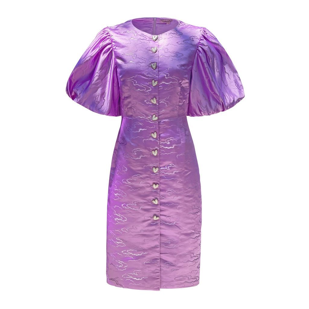 Women's Pink / Purple Whimsical A Lilac Cloud Satin Puff Sleeve Midi Dress With Heart Buttons Small MADELEINE SIMON STUDIO