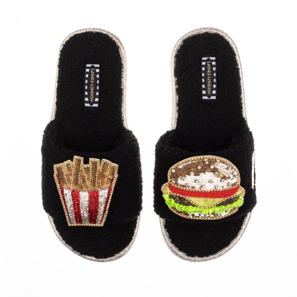 Women's Teddy Towelling Slipper Sliders With Artisan Burger & Fries Brooches - Black Small LAINES LONDON