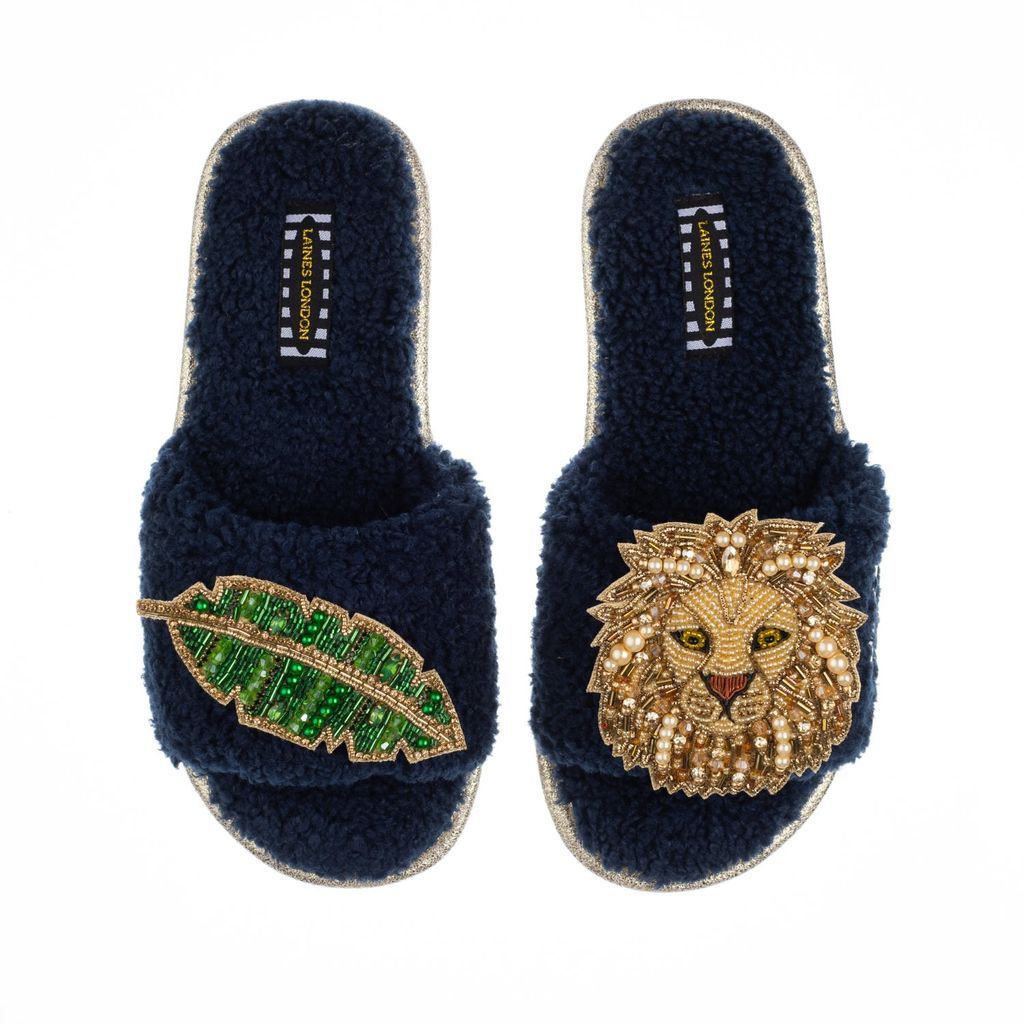 Women's Blue Teddy Towelling Slipper Sliders With Golden Lion & Leaf Brooches - Navy Small LAINES LONDON