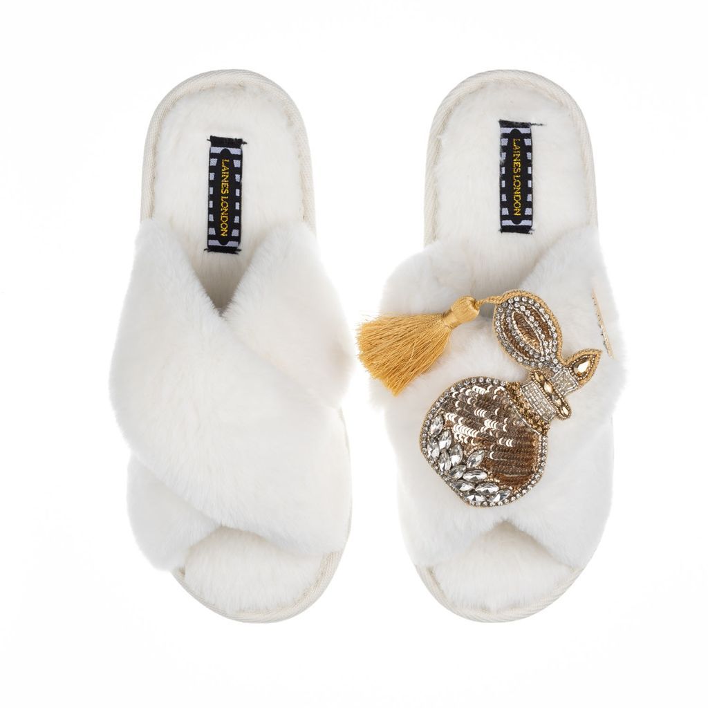 Women's White Classic Laines Slippers With Artisan Glam Perfume Bottle Brooch - Cream Small LAINES LONDON