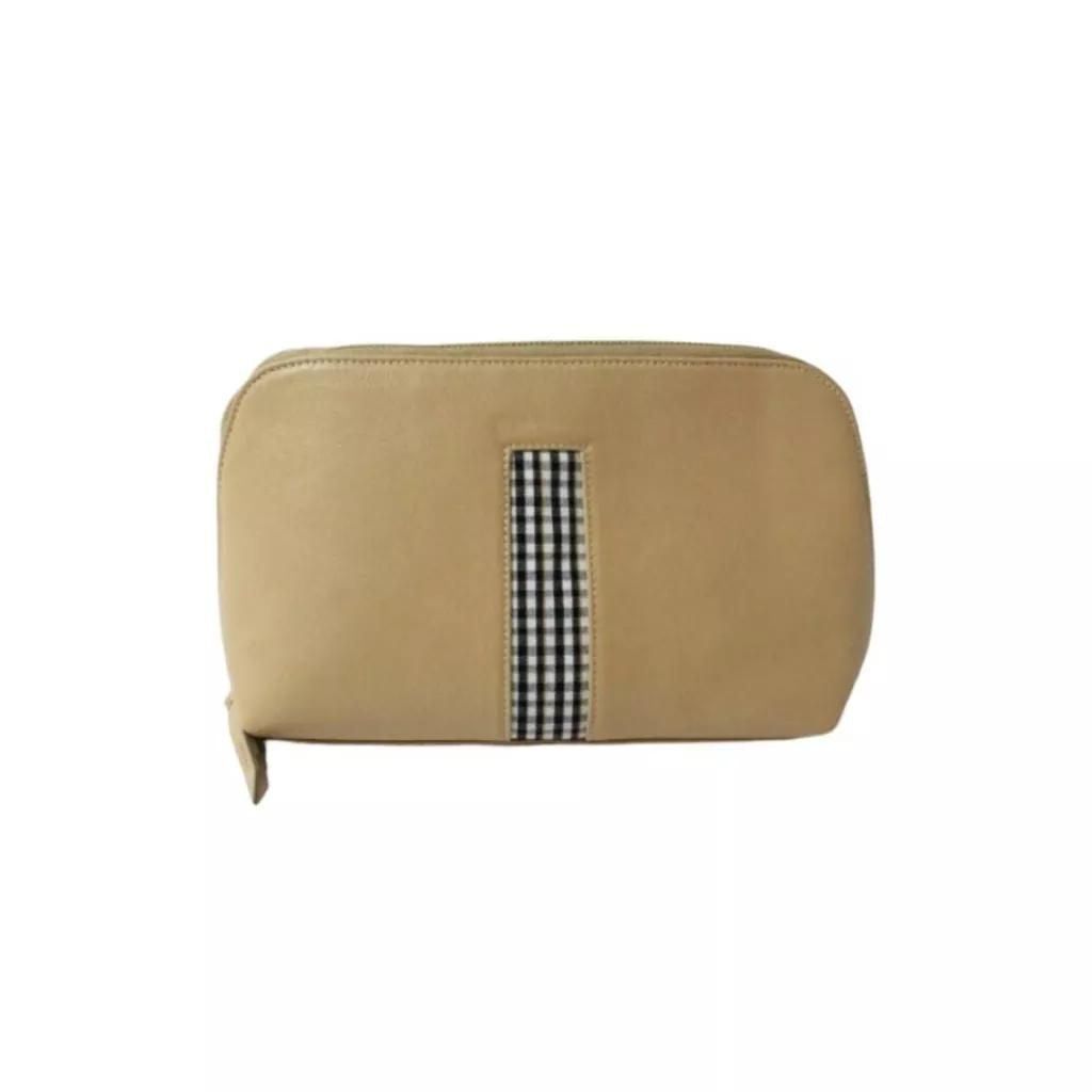 Women's Black / White Sustainable Leather Pouch - Beige Leather With White And Black Check Pattern KAPDAA - The Offcut Company