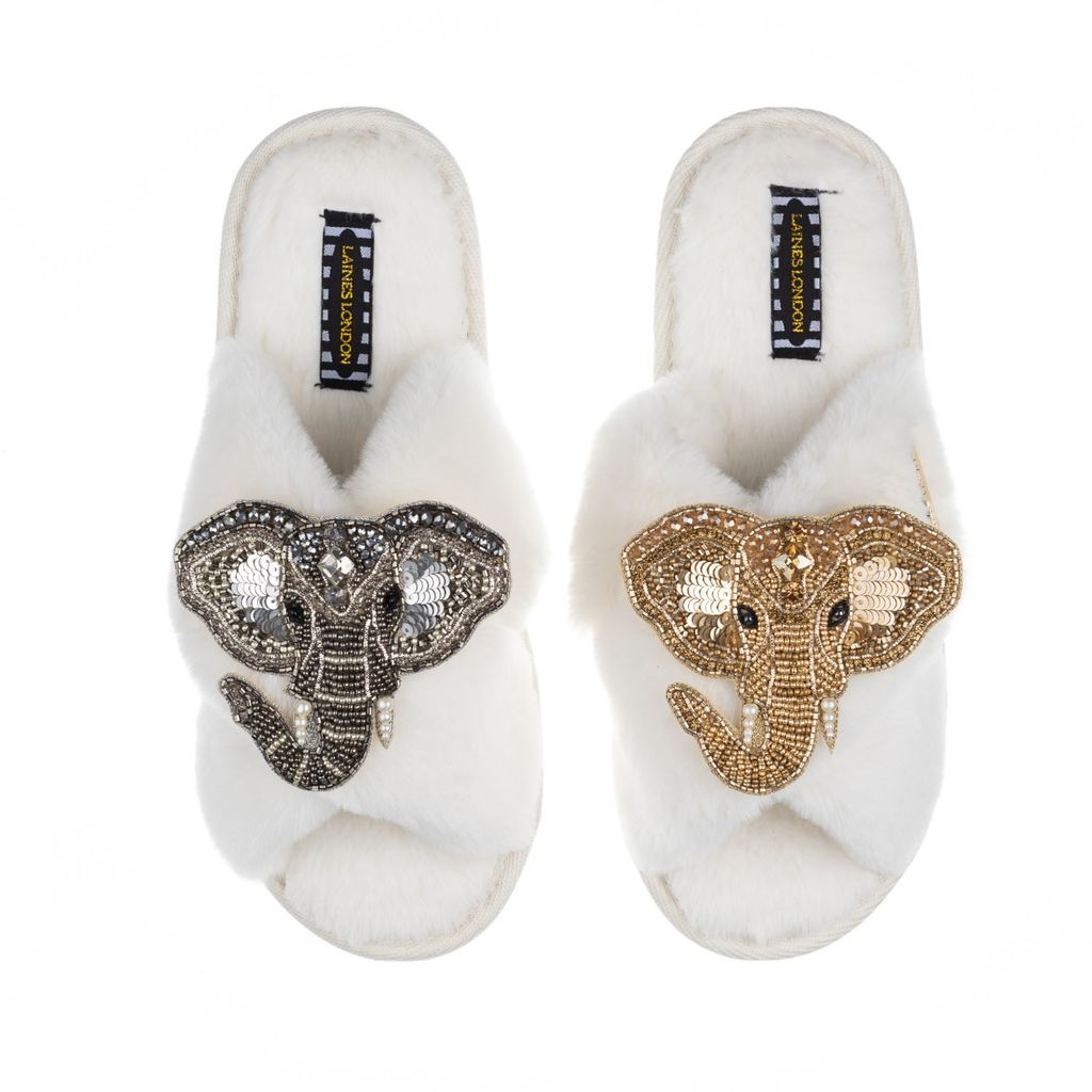 Women's White Classic Laines Slippers With Artisan Gold & Silver Elephant Brooches - Cream Small LAINES LONDON