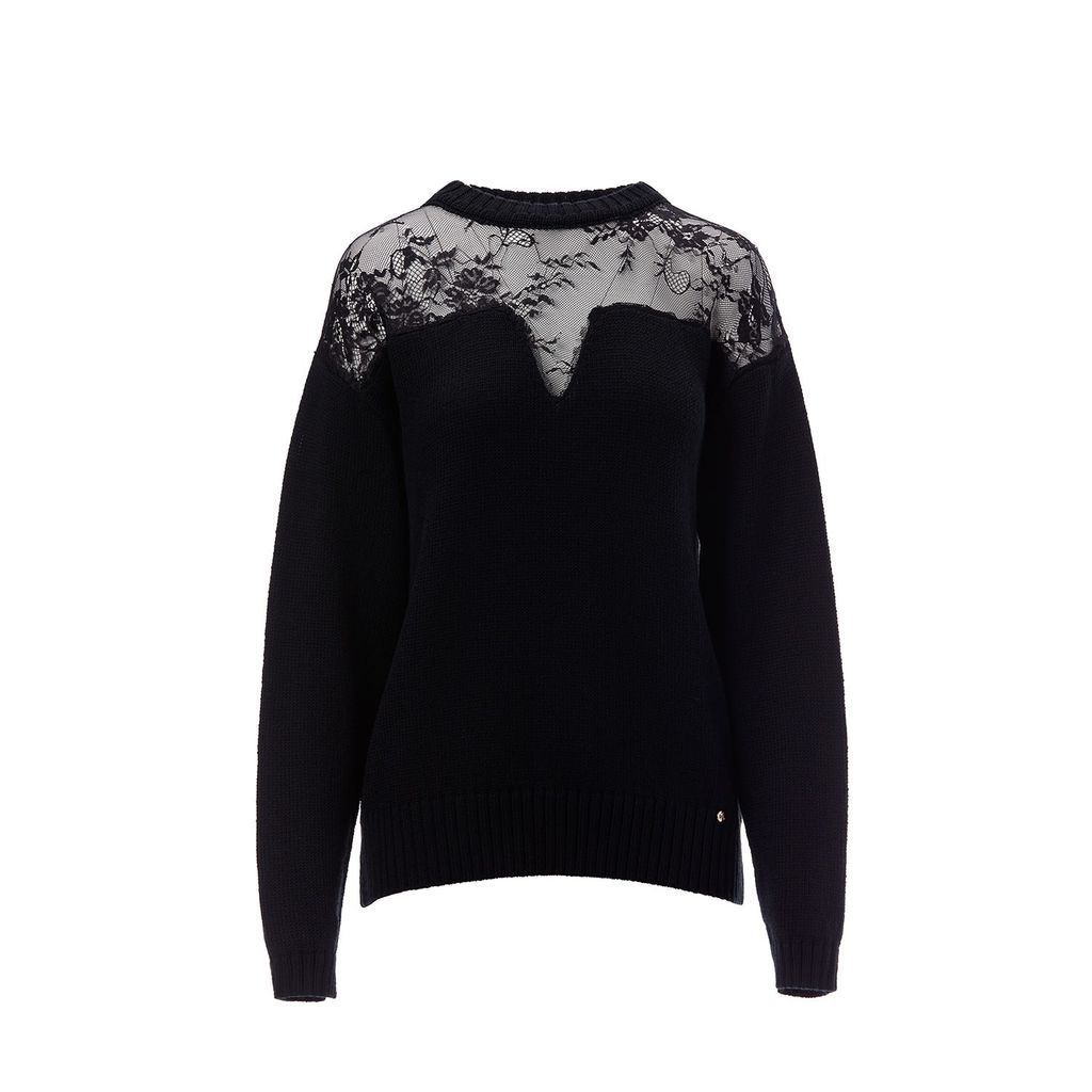 Women's Black Lace Detail Wool Sweater Xxs Nissa