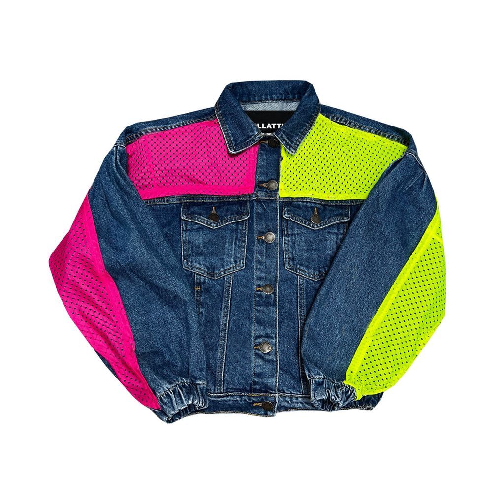 Women's Blue / Yellow / Orange Navy Denim Jacket With Neon Pink & Yellow Nike Mesh Medium Quillattire