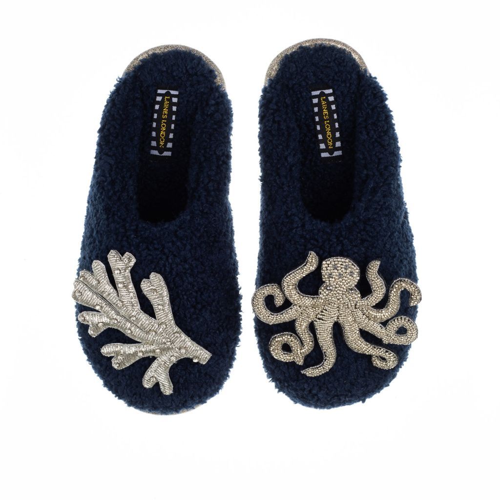 Women's Blue Teddy Towelling Closed Toe Slippers With Silver Octopus & Coral Brooches - Navy Small LAINES LONDON