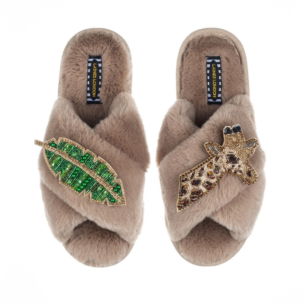 Women's Brown Classic Laines Slippers With Artisan Gold Giraffe & Leaf Brooches - Toffee Large LAINES LONDON