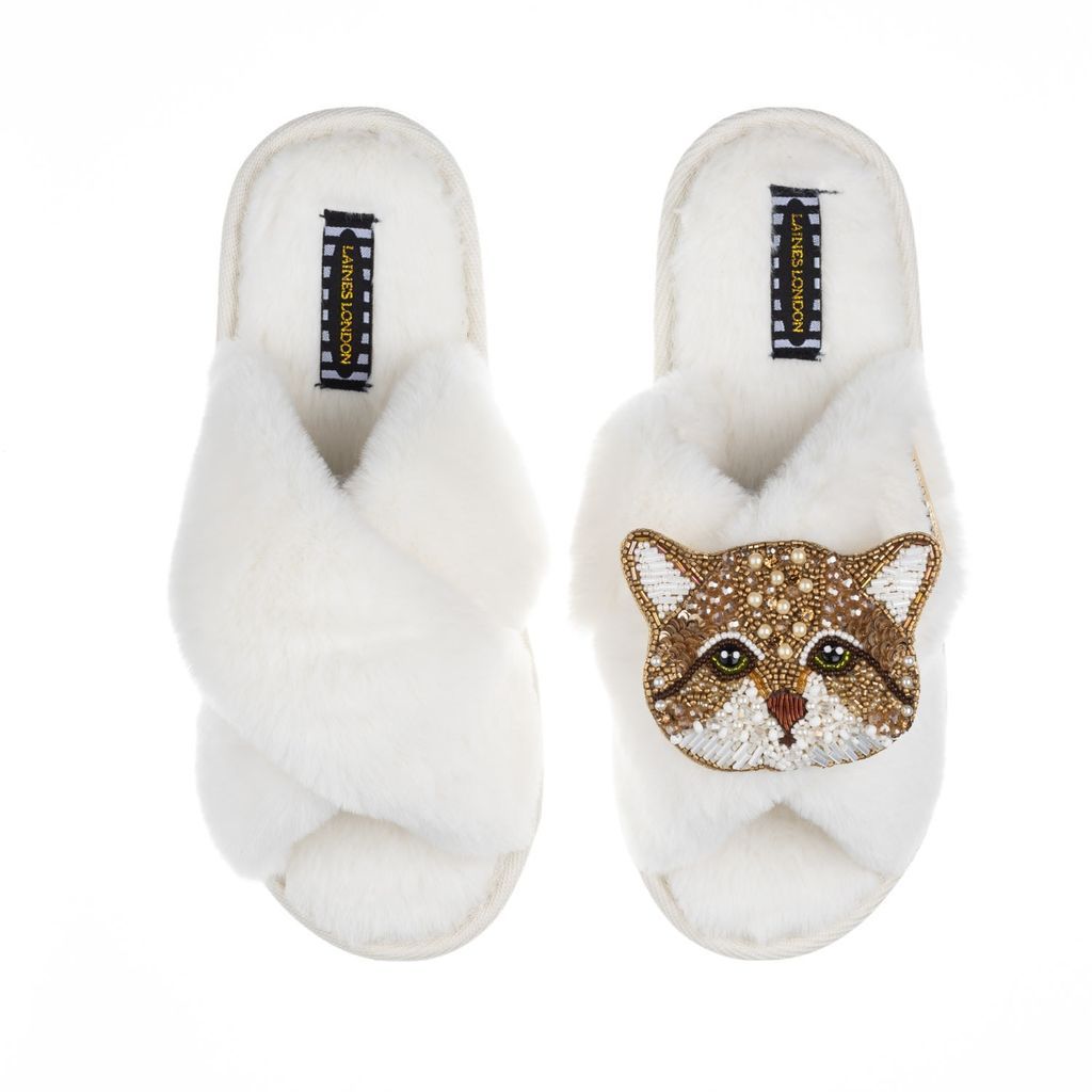 Women's White Classic Laines Slippers With Artisan Tom Cat Brooch - Cream Small LAINES LONDON