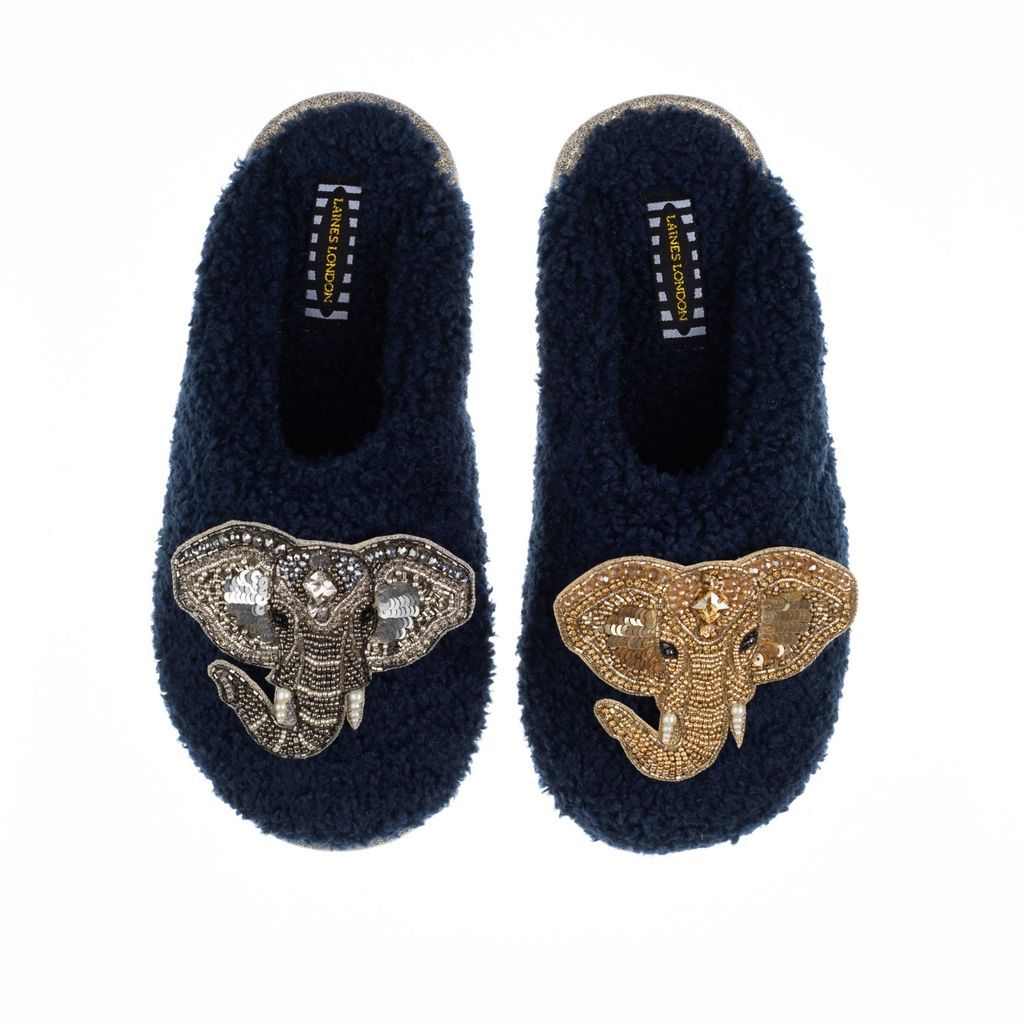 Women's Blue Teddy Towelling Closed Toe Slippers With Artisan Gold & Silver Elephant Brooches - Navy Small LAINES LONDON